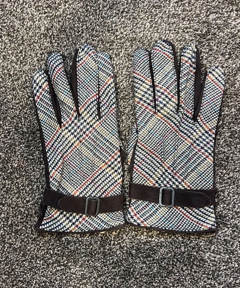 Rag & Bone Plaid Brown Lambskin Suede Black Buckle Gloves Size 8.5 Silk Lining